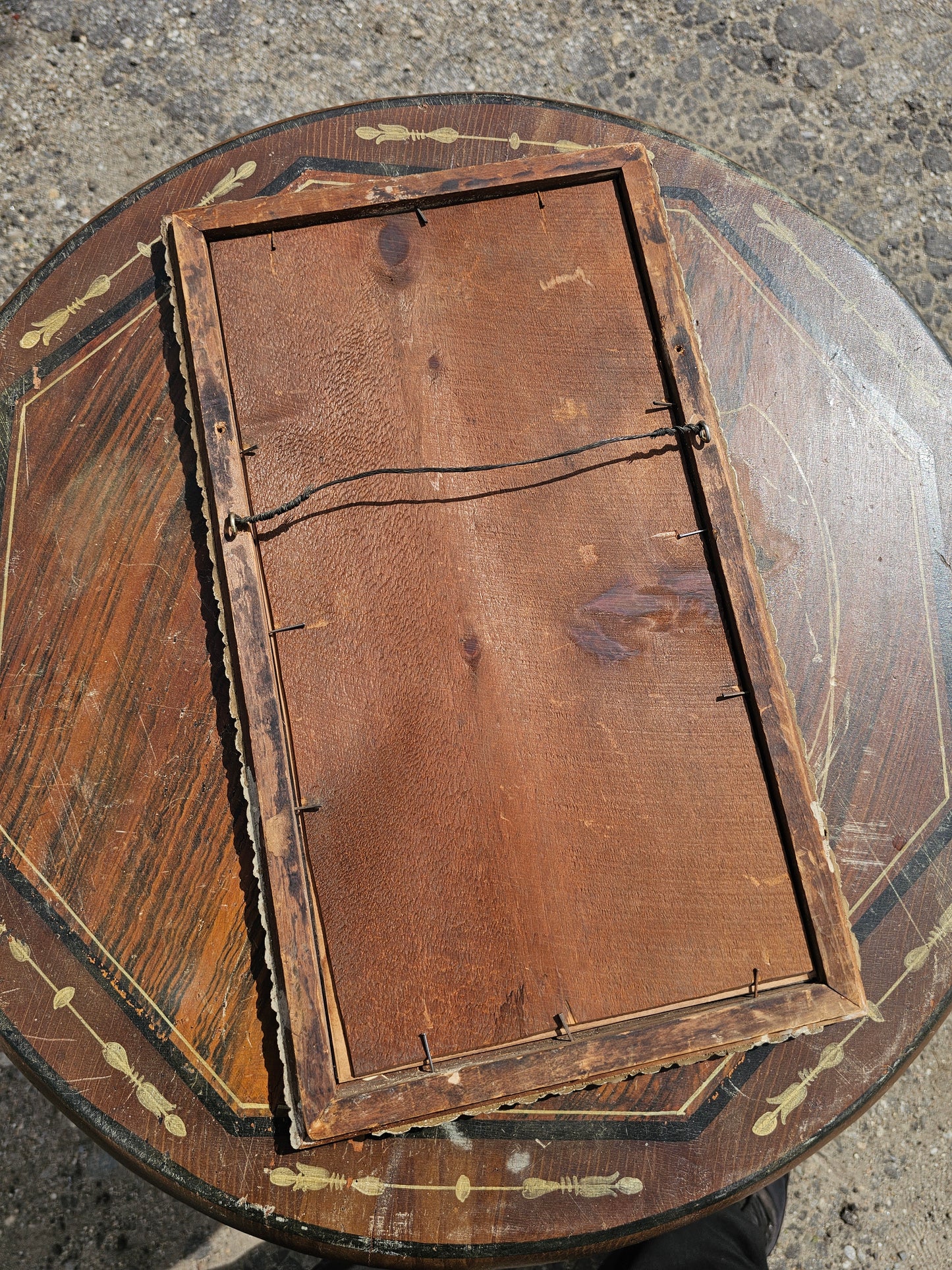 Antique color print of people looking skyward at hot air balloon, 10x18"
