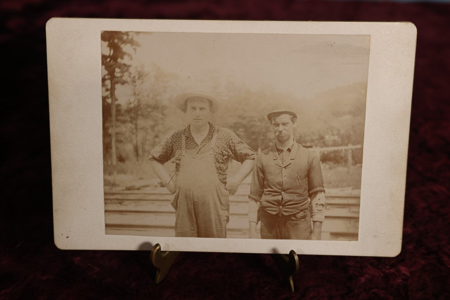 Lot 146 - Cabinet Card - Two Gruff Looking Tradesmen, Laborers, Man With Hands On Hips, Outdoor Photo