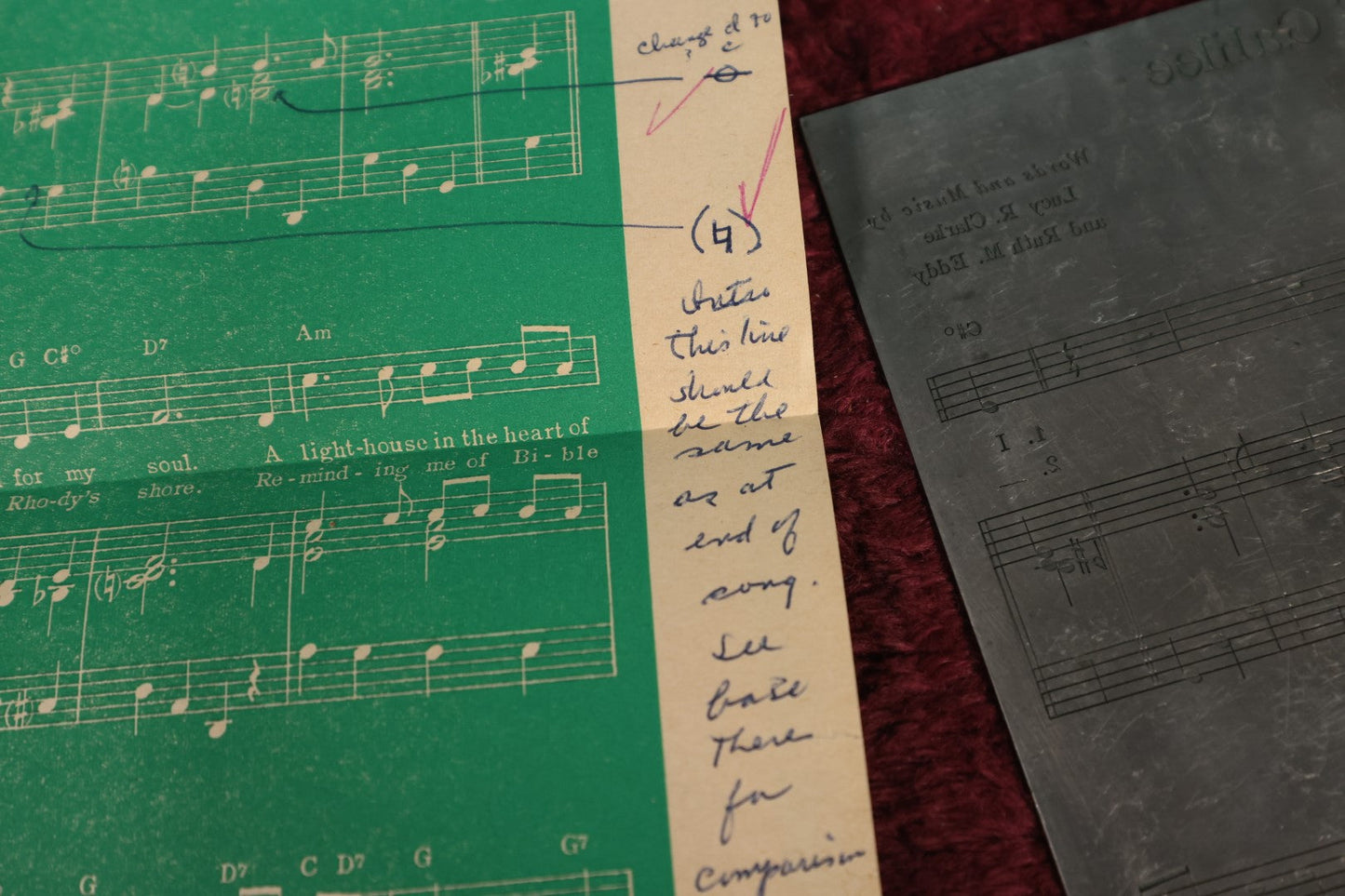 Lot 151 - Grouping of Seven Vintage Sheet Music Printing Plates, Metal, With Test Print With Notes, Songs Include: The Lights of Galilee, Dry Your Eyes My Little Weeping Willow, There's Magic In A Smile, Hello Mister Sunshine