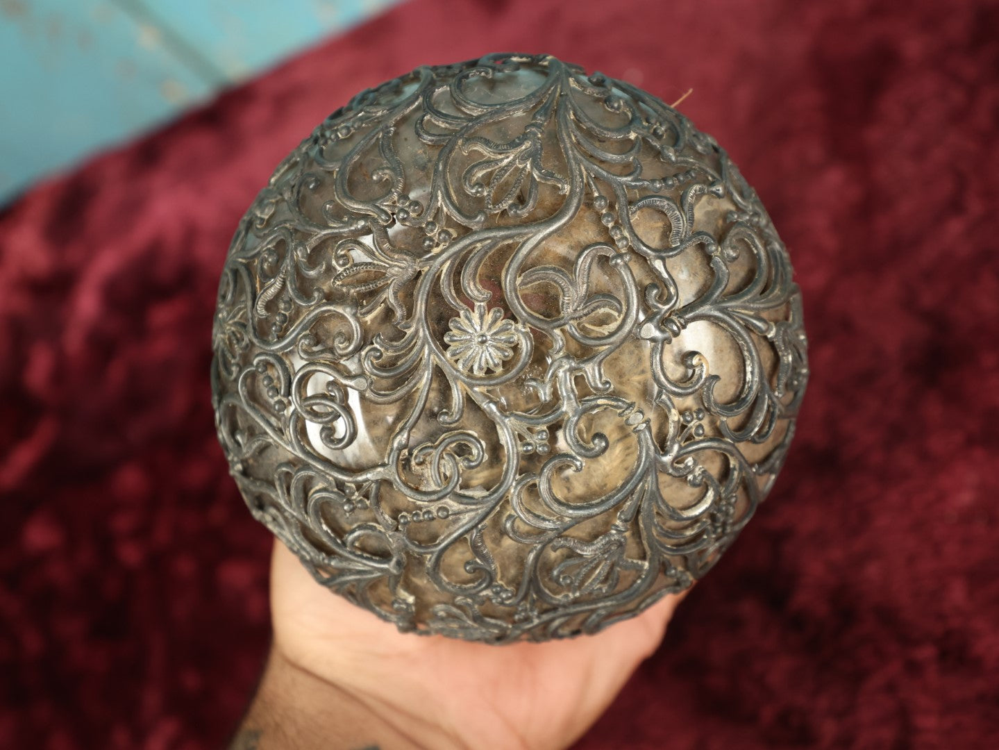 Lot 046 - Antique Glass Bottle Decanter Covered In Ornate Metal Latticework, No Stopper