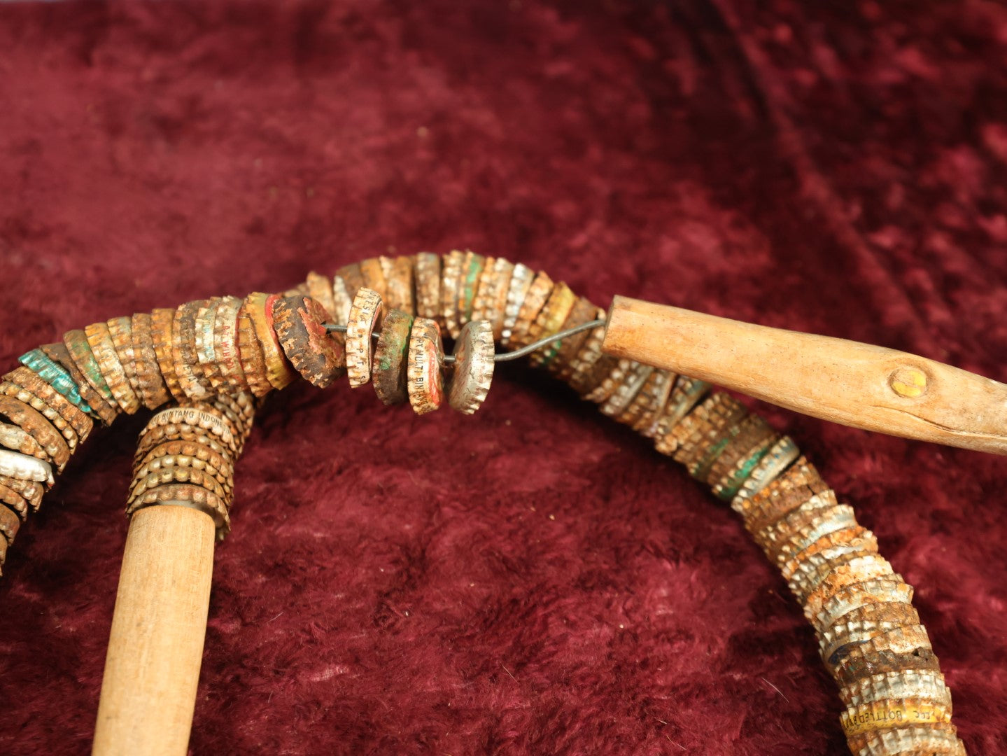 Lot 016 - Vintage Folk Art Bottlecap Snake With Carved Head And Tail, Many Bottle Caps Strung On Wire