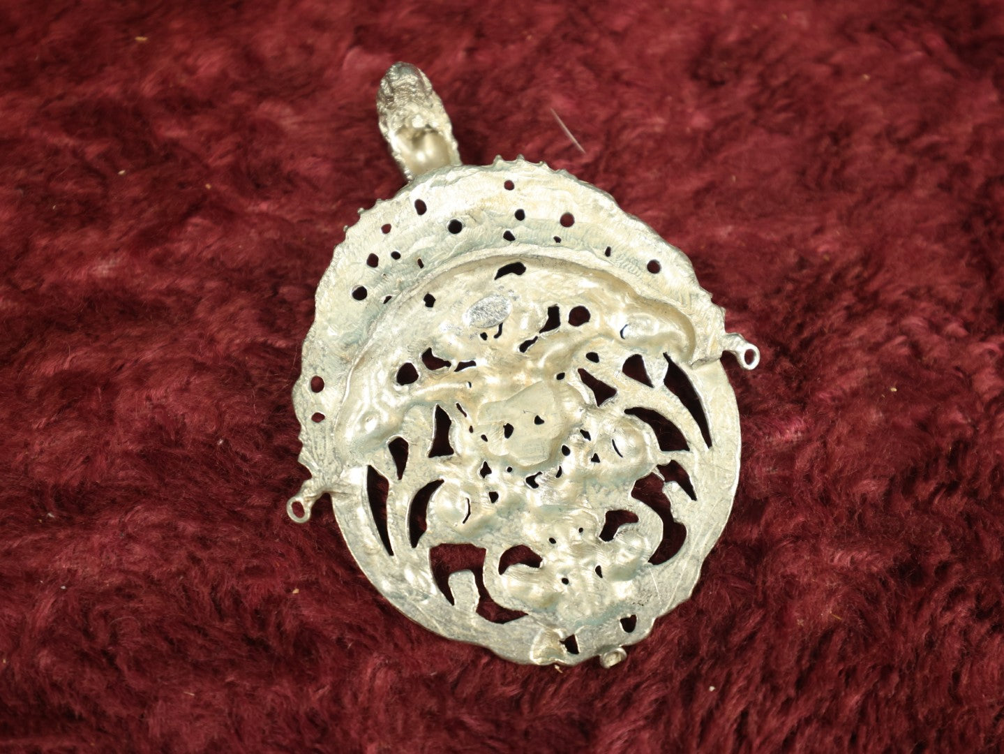 Lot 031 - Vintage Ornate Cast Metal Medallion With Demon Face, Bacchus, Jewelry Fragment