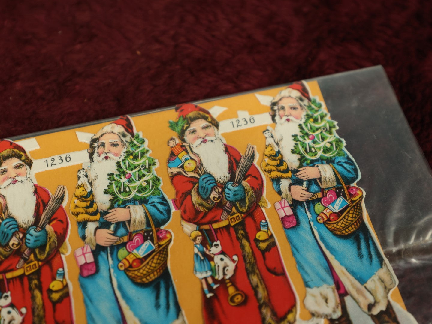 Lot 061 - Single Uncut Die Cut Scrapbooking Sheet With Santa Claus In Red And Blue, Holding Toys, Marked 1230, Made In Germany, Christmas