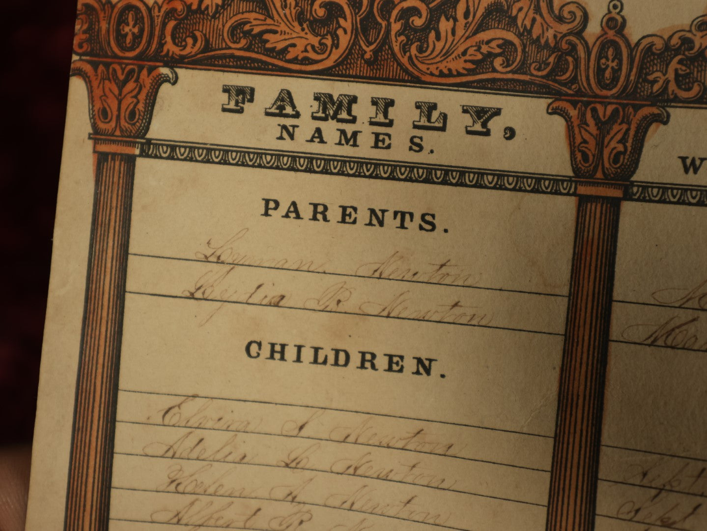 Lot 065 - Pair Of Unframed Hand Colored Family Register Lithographs, Family Of George C. Colby And Direxia P. Colby, And Leyman Newton And Lydia B. Newton