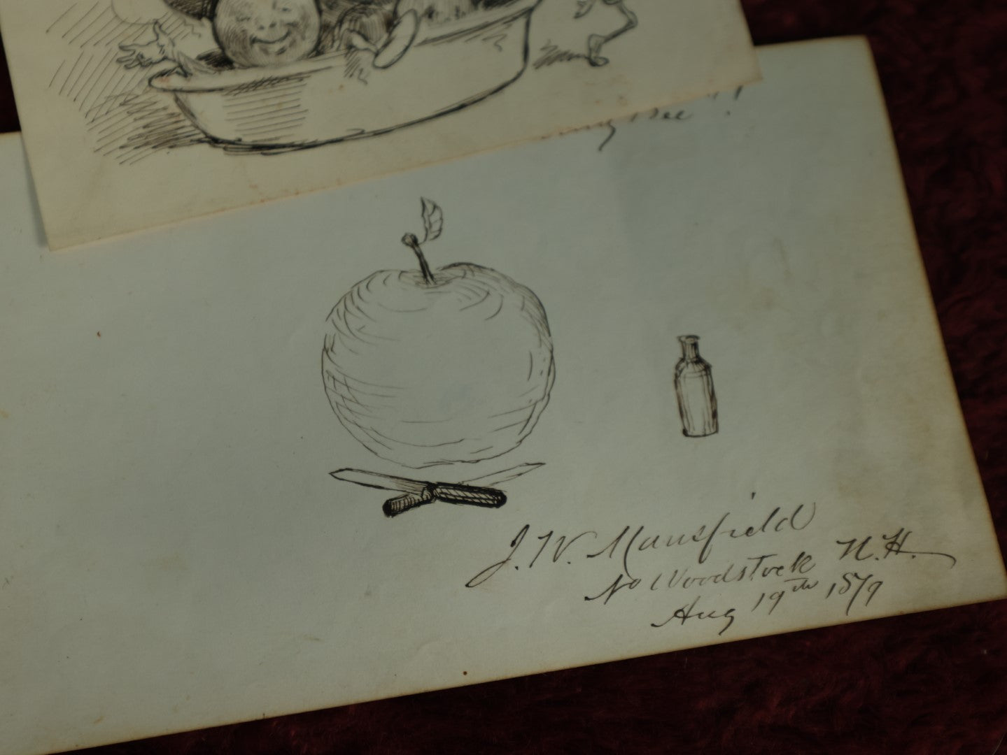 Lot 071 - Grouping Of Three Original Pen And Ink Sketches, 1972 Depiction Of The American Flag From Ashland, New Hampshire, Anthropomorphic Apples Leaving Apple Pie, And Other Apple Related One, Dated 1879