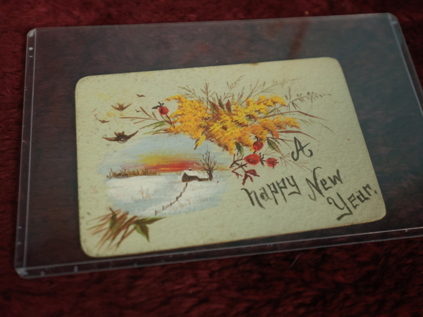 Lot 073 - Grouping Of Four Hand Painted Postcards And Scraps, North Wilmot Church, 1935 Signed E.M.A., Lake Pennesseewassee, Norway, Maine, Red Robins, And Happy New Year Winter Scene