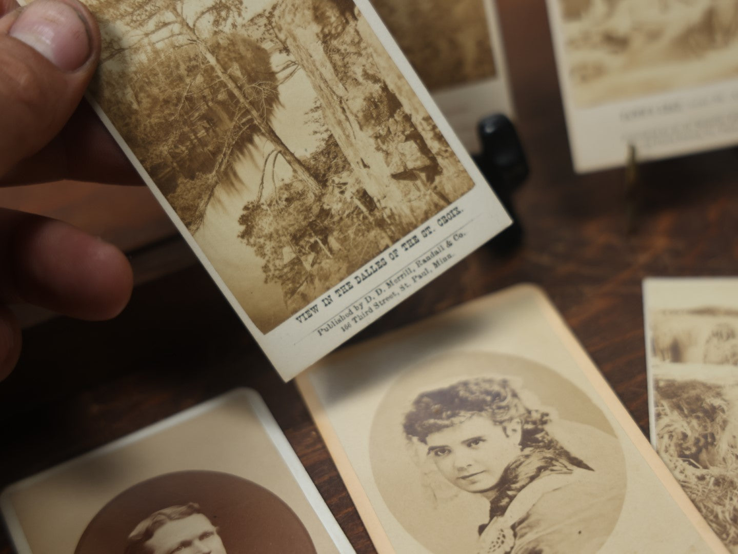 Lot 092 - Grouping Of Seven Antique Carte De Visite C.D.V. Photographs And Paper Mat, Including Waterfall And Nature Scenes, Lulu Pryor