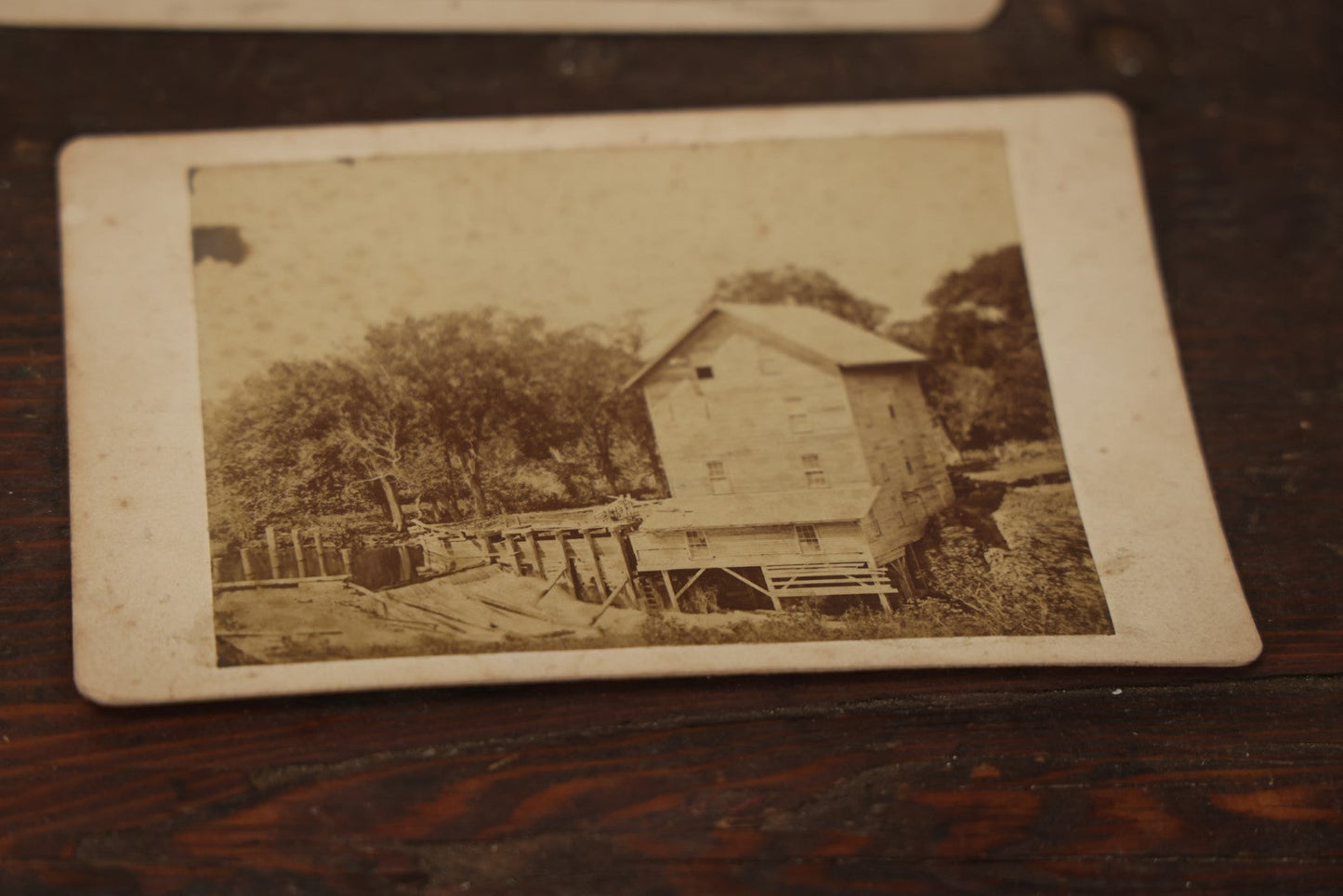 Lot 077 - Grouping Of Antique Boarded And Cabinet Card Photographs, Flooded House With People On Canoe, Old Factory Or Mill, And Stereo View Of Riverside