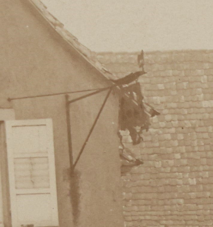 Lot 135 - Antique Boarded Photo Of A Large Group Of Photo Outside Of A Building With A Trade Sign Hanging From It, Horse Drawn Carriage In The Background, Men, Women, And Children, Unknown Location