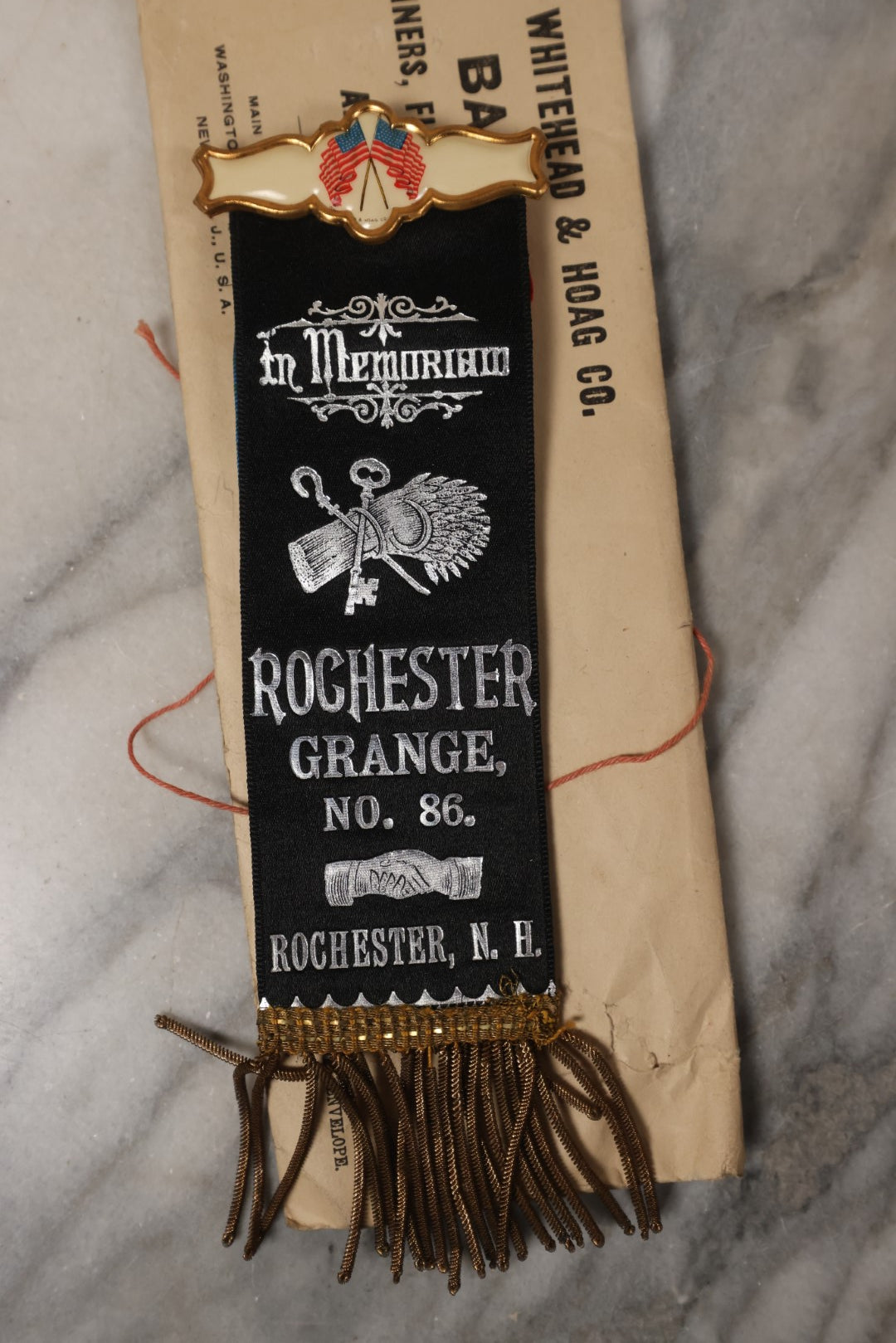 Lot 082 - Pair Of Antique Rochester Grange Lodge No. 86, Rochester, New Hampshire Ribbons, By The Whitehead & Hoag Co., Newark, New Jersey, With In Memoriam On Reverse, Flags