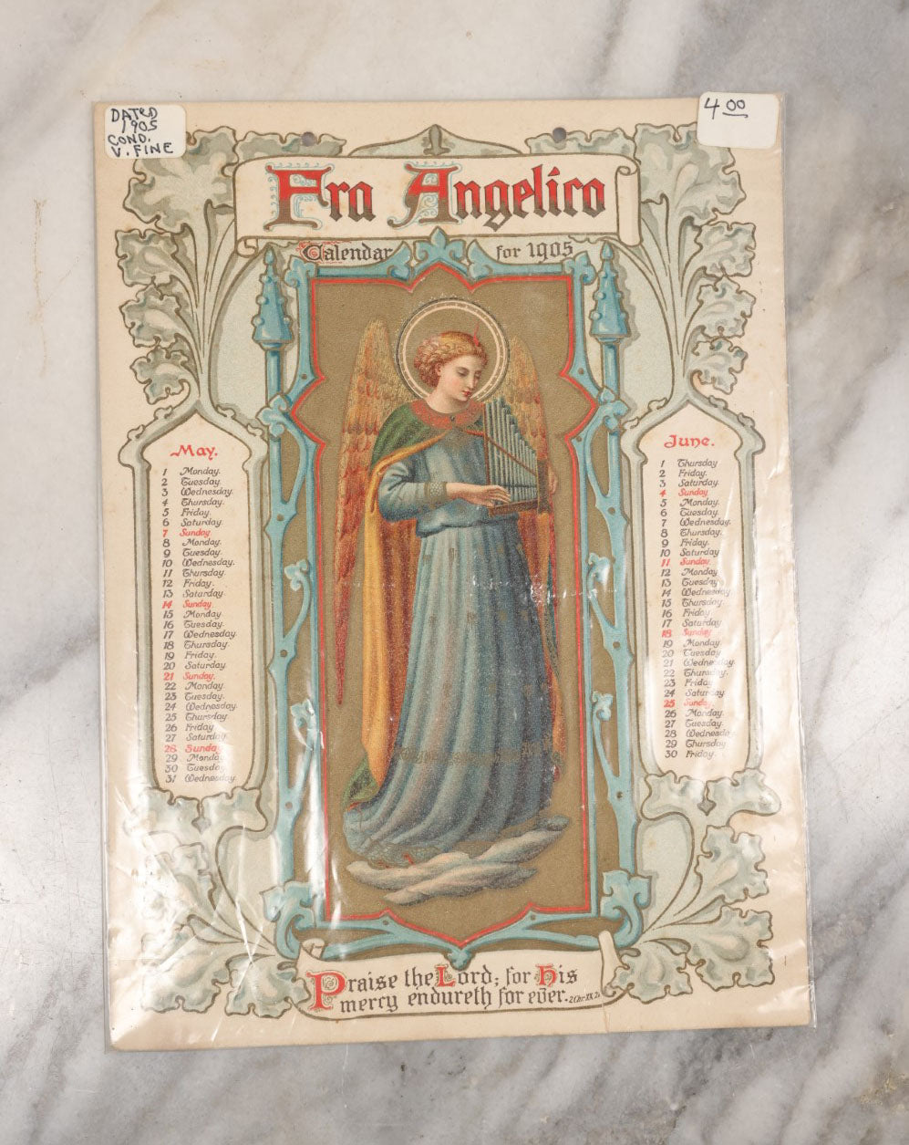 Lot 094 - Antique Religious Calendar With The Art Of Fra Angelico, May And June 1905