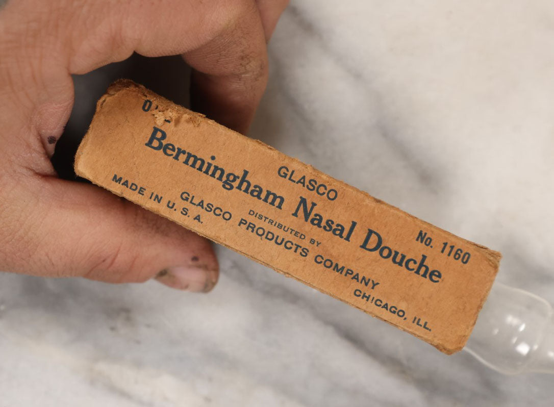 Lot 149 - Single Junk Drawer Finding, Bermingham Nasal Douche In Box, Glass Medical Device, Distributed By Glasco Products Company, Chicago Illinois, No. 1160