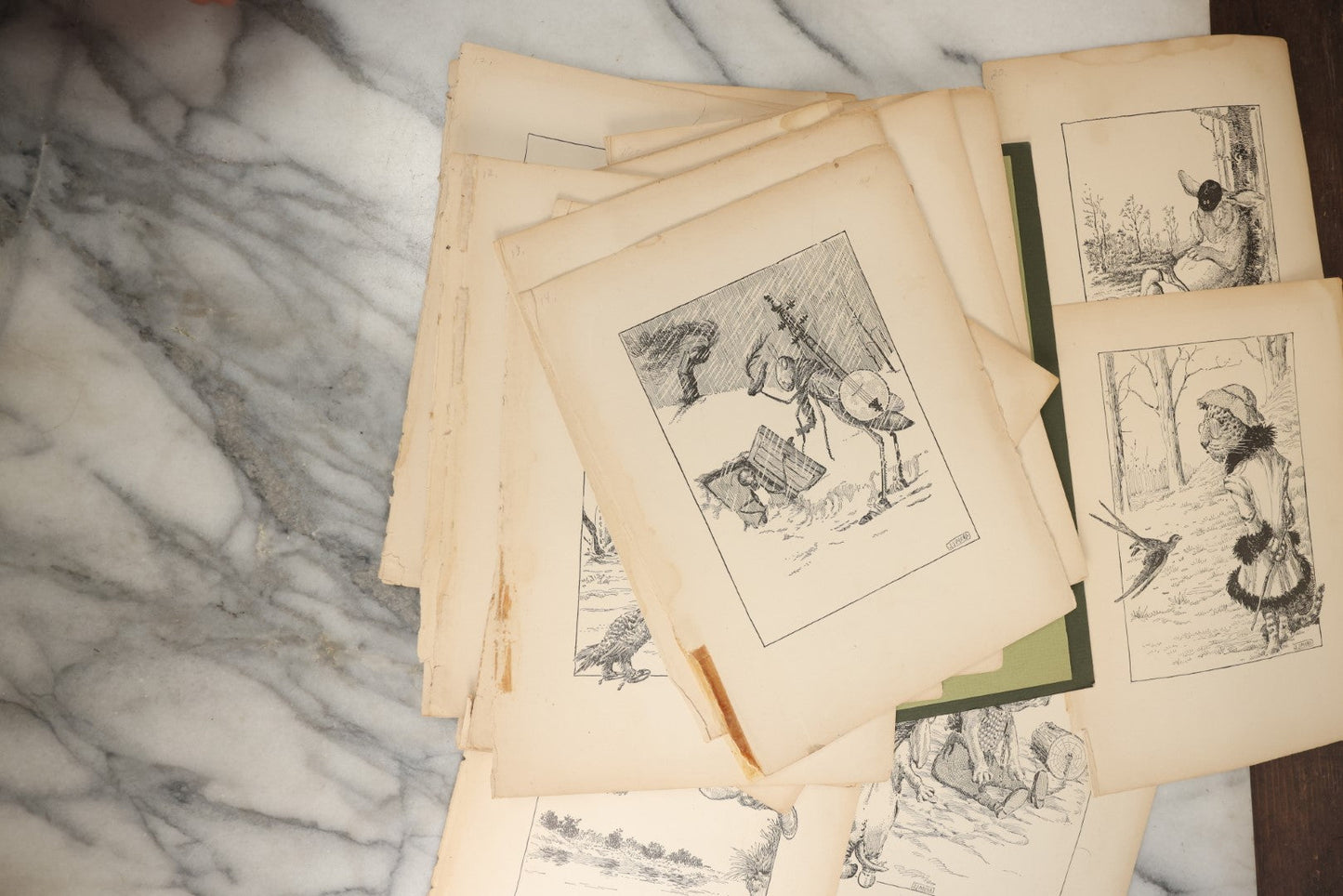 Lot 166 - Grouping Of 20+ Vintage Loose Bookplate Illustrations Of Anthropomorphic Animals As Drawn By Joseph J. More, From The Animals Of Aesop's Fables, Circa 1900