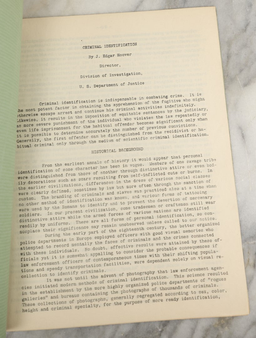 Lot 174 - "Criminal Identification" By John Edgar Hoover, Direction, Division Of Investigation, U.S. Department Of Justice, Washington Dc., July 1934, Vintage Pamphlet