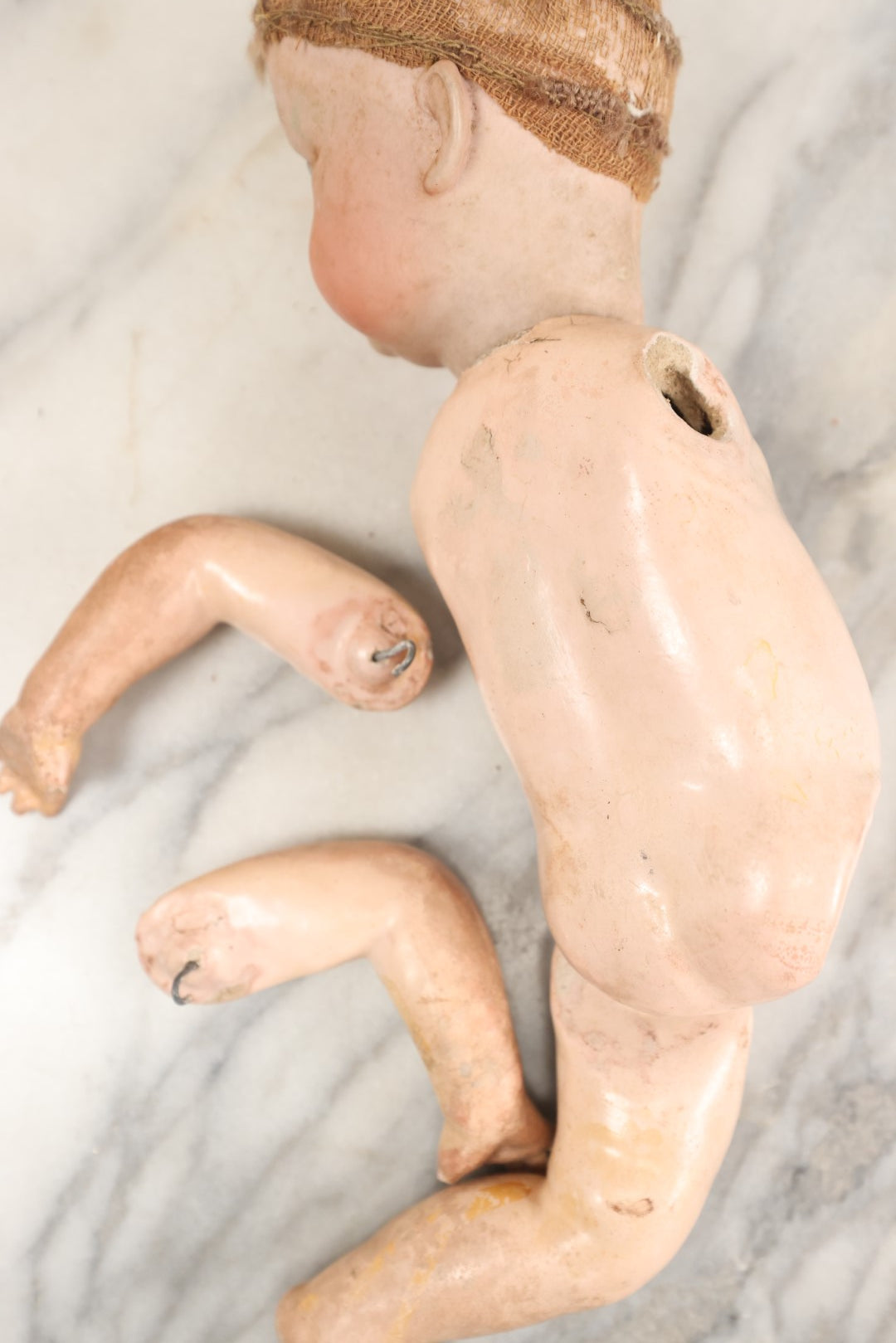 Lot 076 - Antique China Head Doll With Partial Composition Body, Doll Head Marked On Back Of Neck, Missing Limb