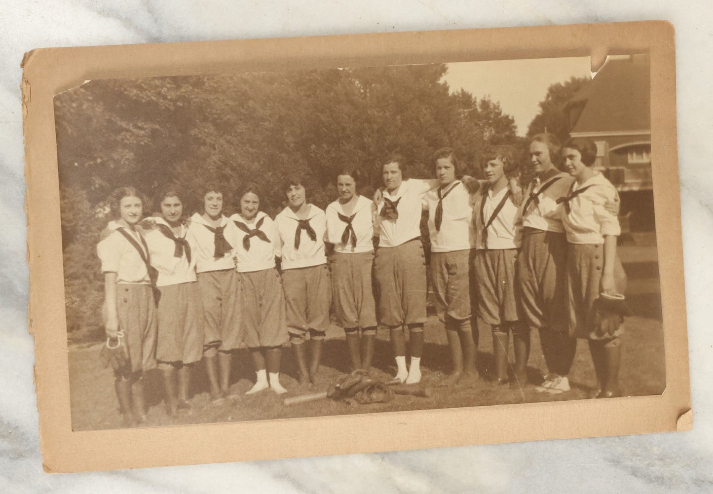Lot 122 - Pair Of Early Mounted Photos Of A Women's Softball Or Baseball Team, With Coach, Equipment, Circa Early 20th Century