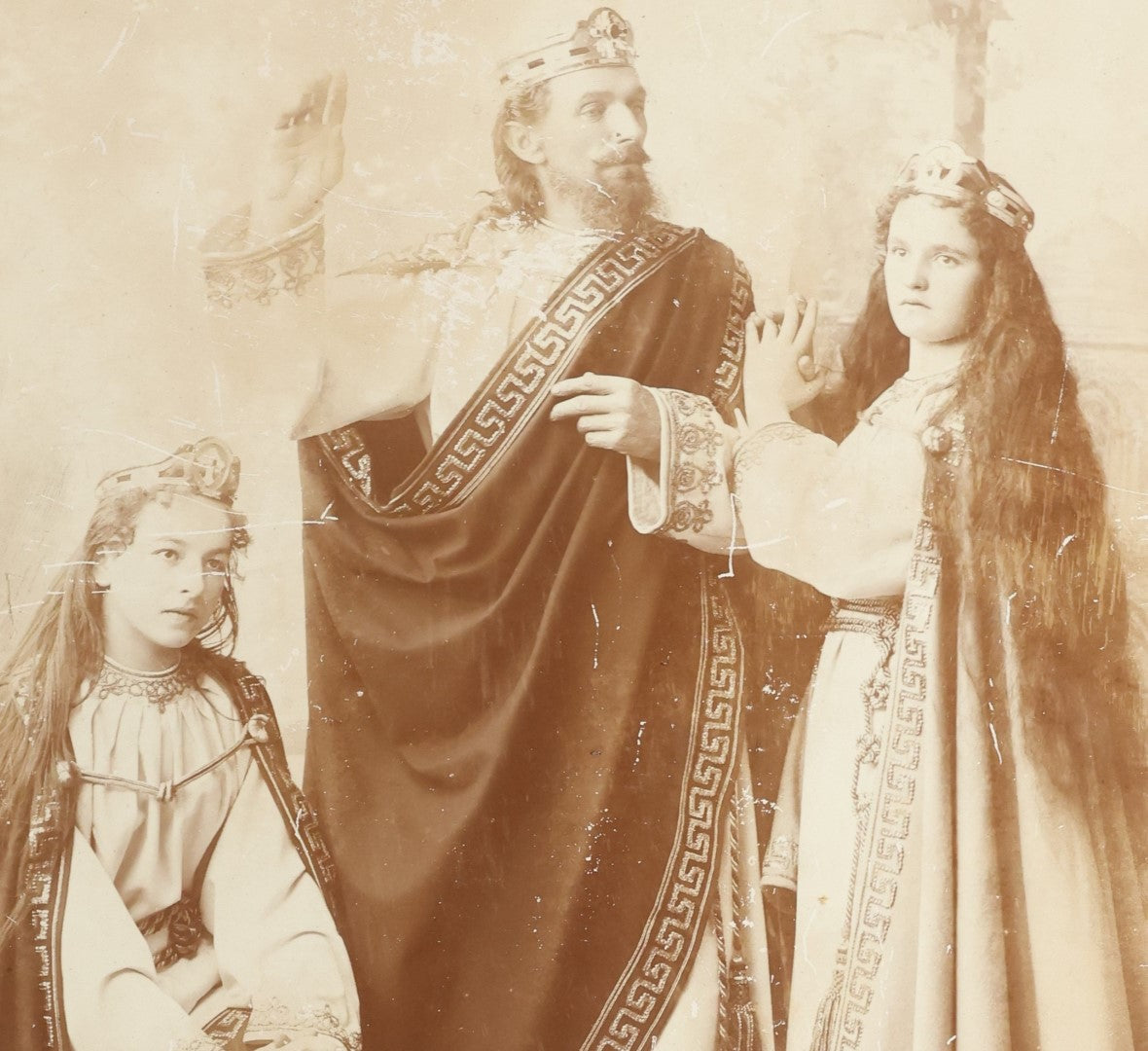 Lot 128 - Antique Boarded Photo Of Three Actors, Two Women And One Man, In Costume, Names Written In Pen, Illegible, Possible Surname Rutz, Note Wear, Poor Condition