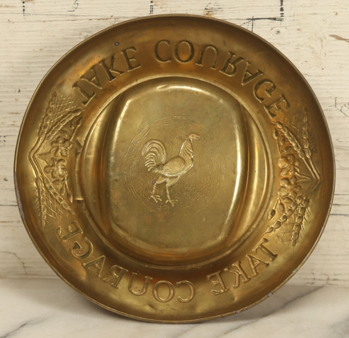 Lot 031 - Vintage British Courage Brewery Bar Top Brass Tip Tray, "Take Courage" With Rooster Motif, Various Wear, Rust