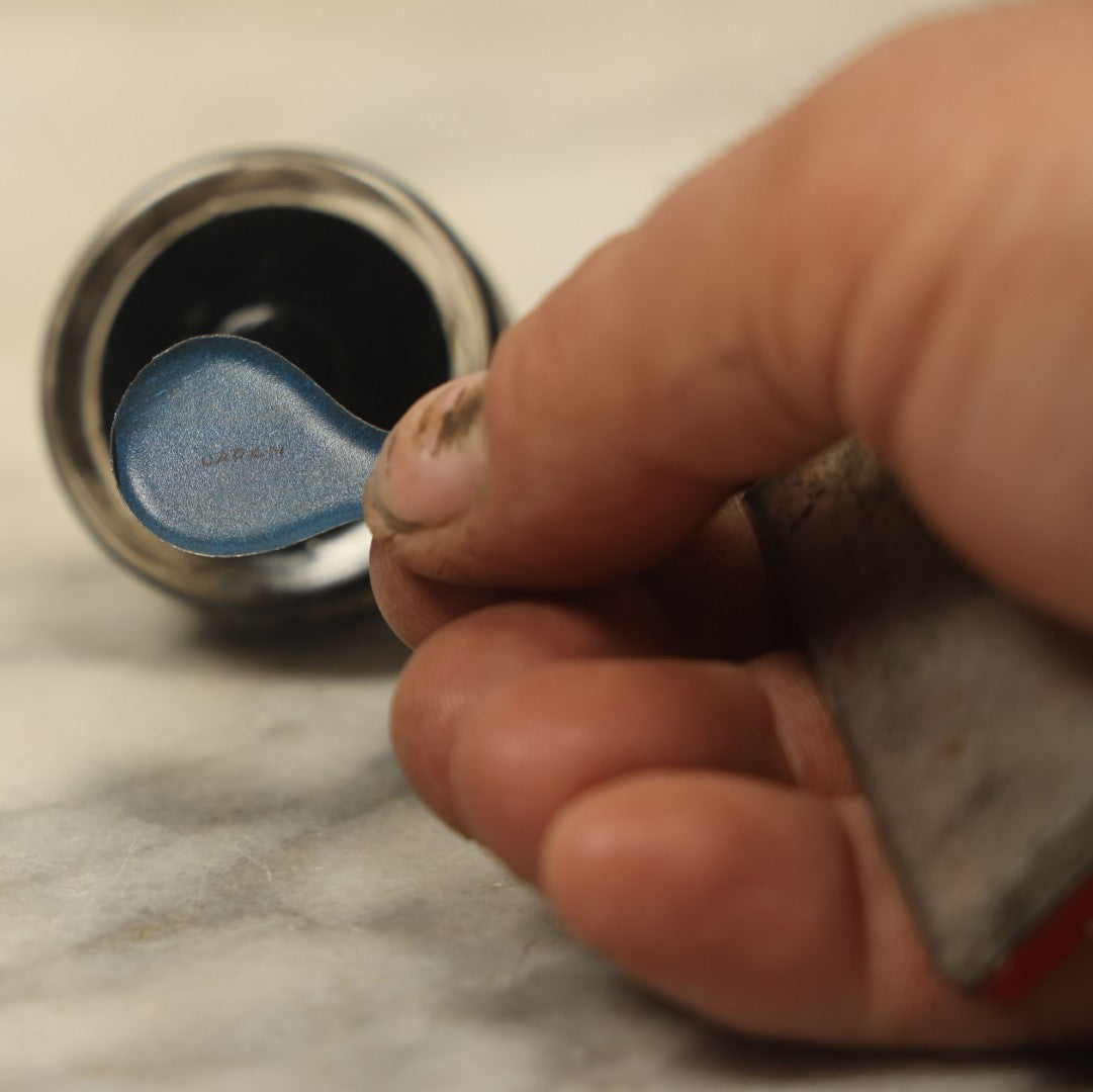 Lot 040 - Vintage Faux Spilled Inkpot Novelty Toy With Stamp Pad Tin, Made In Japan, Small Tin Ink Blob Looks Like Spilled Ink