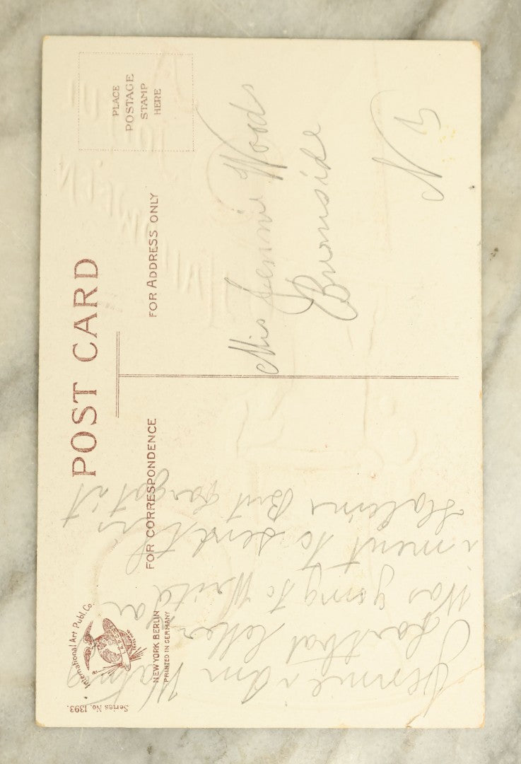 Lot 061 - Antique Halloween Postcard With Witch Candle In Candle Stand, Illustrated By Ellen Clapsaddle, Published By The International Art Publishing Co., Printed In Germany, Series No. 1393, With Pencil Writing