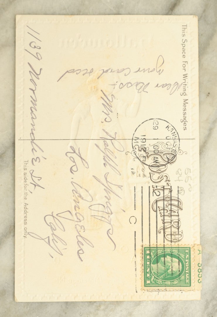 Lot 063 - Antique Halloween Postcard With Young Woman In Yellow Cat Dress With Black Cat, No H-14, 1912 Postmark