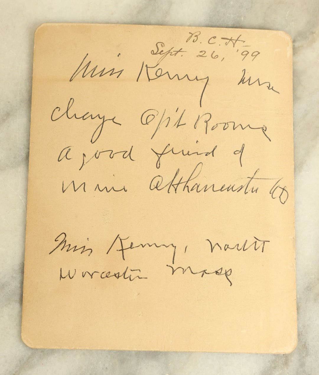 Lot 078 - Antique Boarded Occupational Photograph Of A Nurse At Work, Likely Boston City Hospital, 1899, Information On Verso