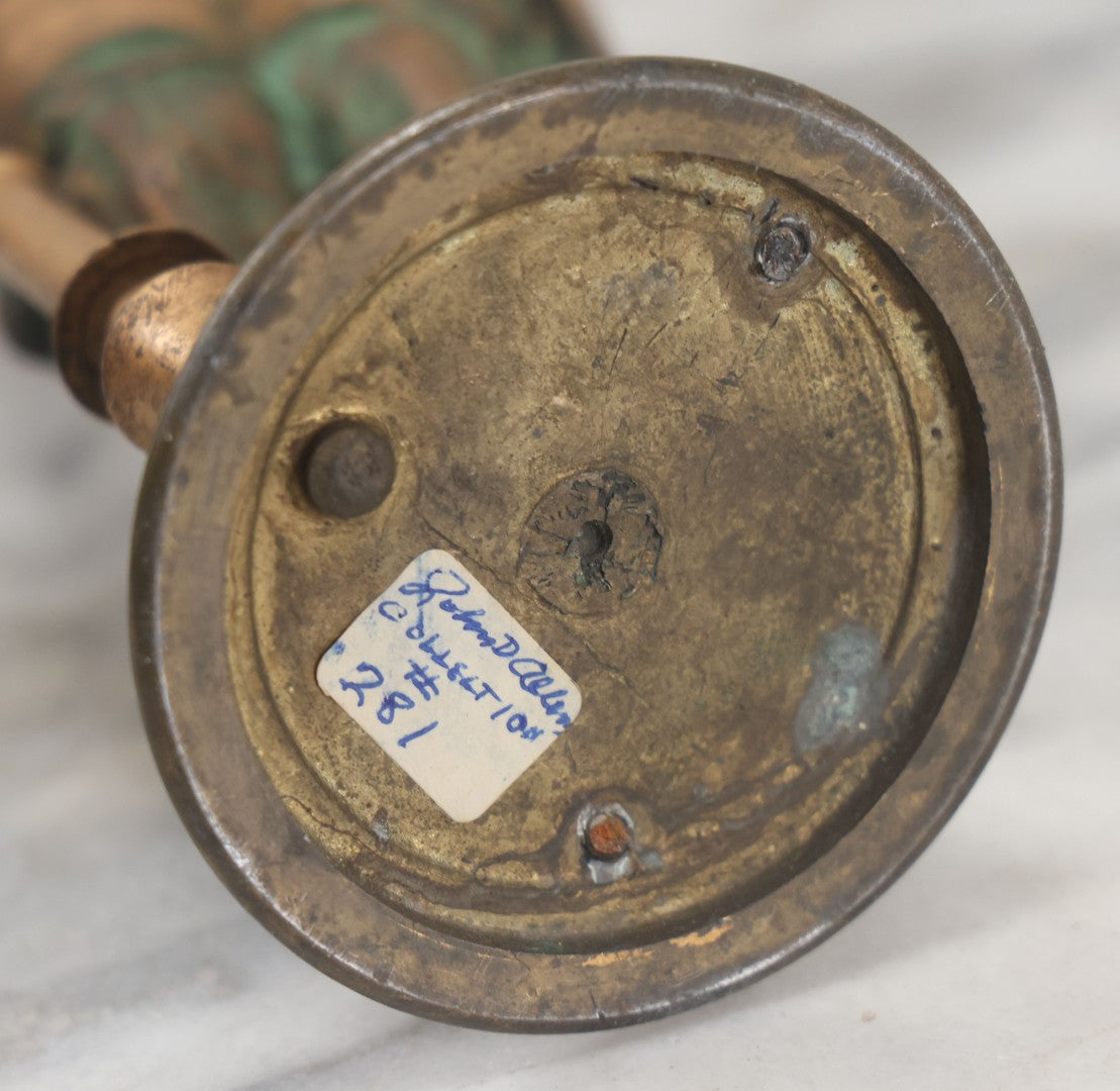 Lot 012 - Antique Cast Metal Statue Of A Soldier In Armor Holding A Spear, Note Green Man On Chest, Patinated, Gilded Finish, 16-1/8" Overall Height