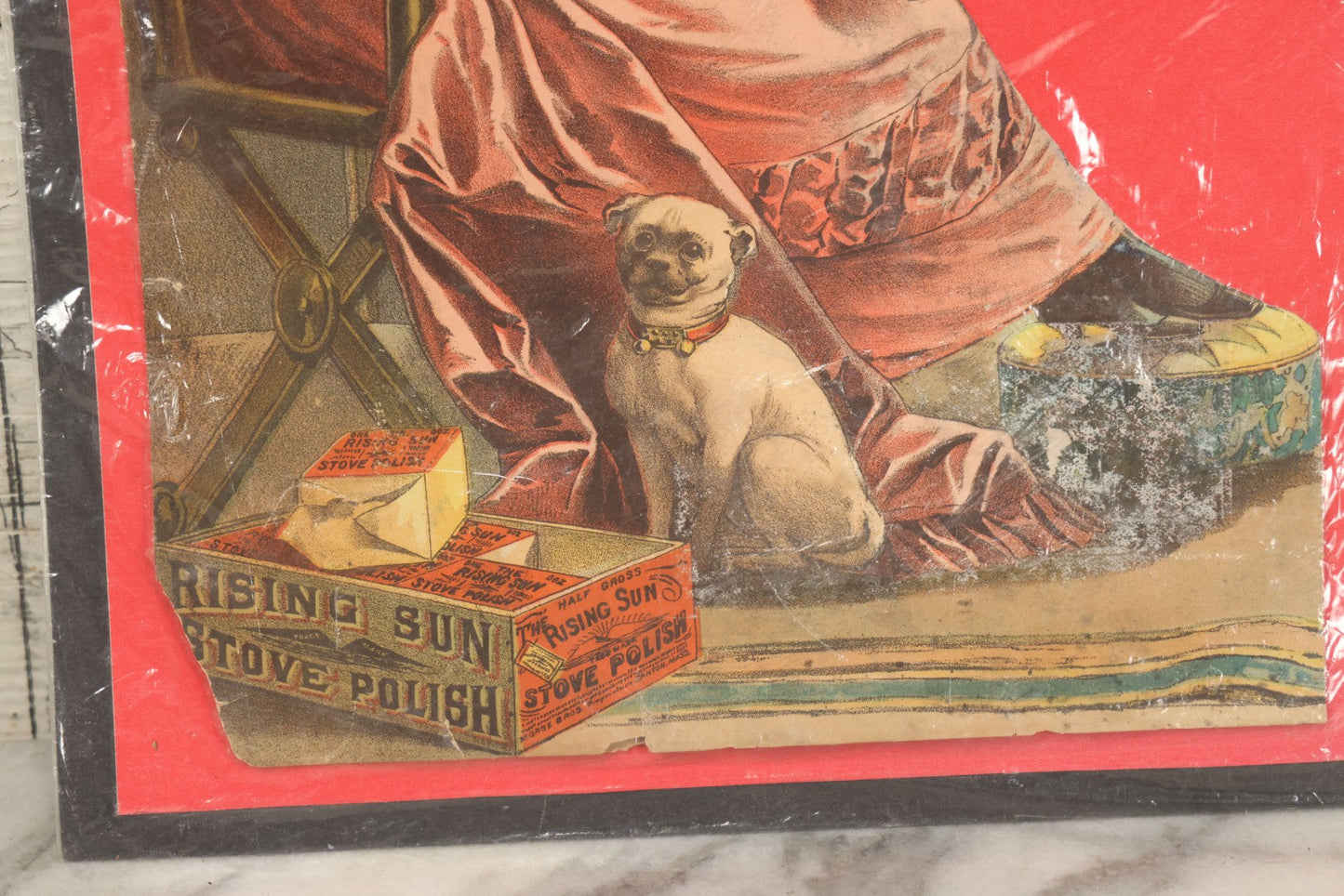 Lot 133 - Large Printed Advertisement For Rising Sun Stove Polish, Canton, Massachusetts, With Pug Dog