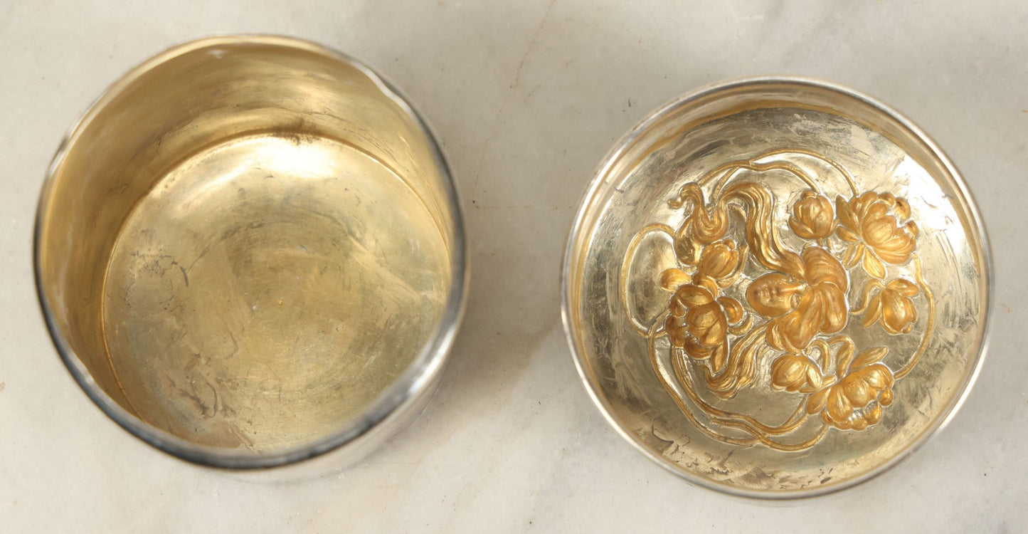 Lot 027 - Antique Art Nouveau Sterling Silver Powder Box With Woman Face Motif, Axe With Three x Hallmark, Attributed To Wm.B. Kerr & Co - Newark, Nj - Approx 1.55 Ounces Troy