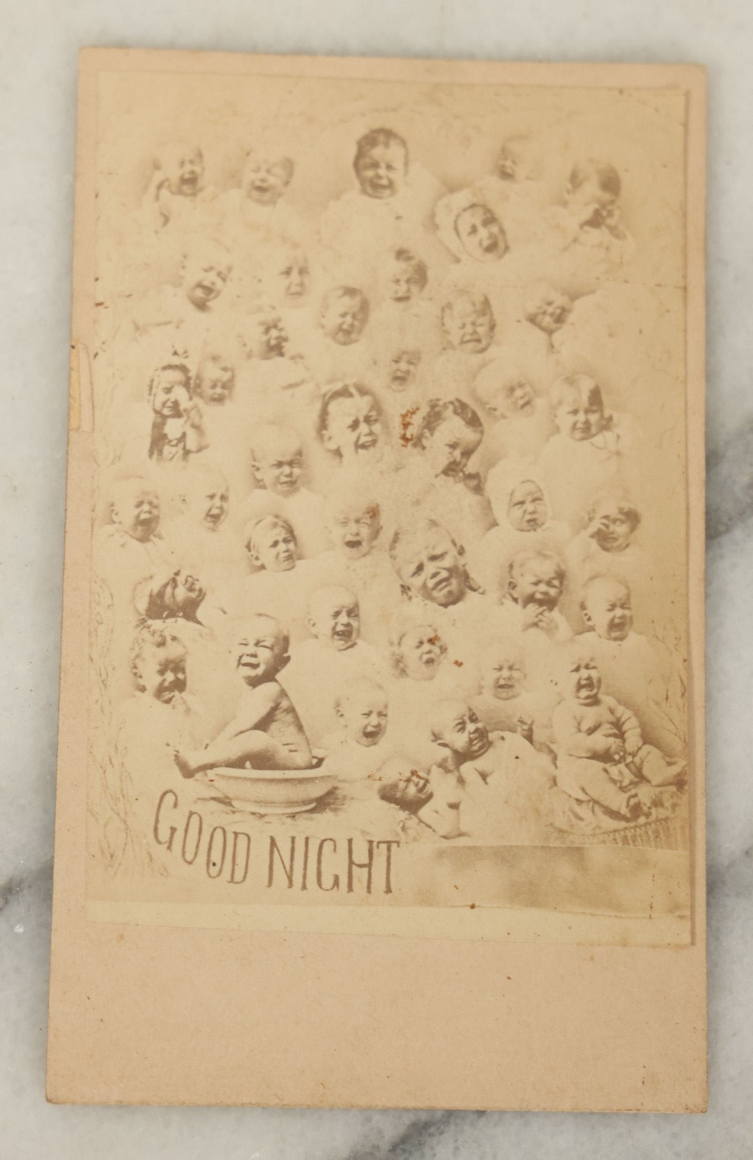 Lot 095 - Pair Of Antique Illustrated Carte De Visite C.D.V. Album Filler Cards With Babies, "Good Night" And "Good Morning," After Joshua Smith, Circa 1880