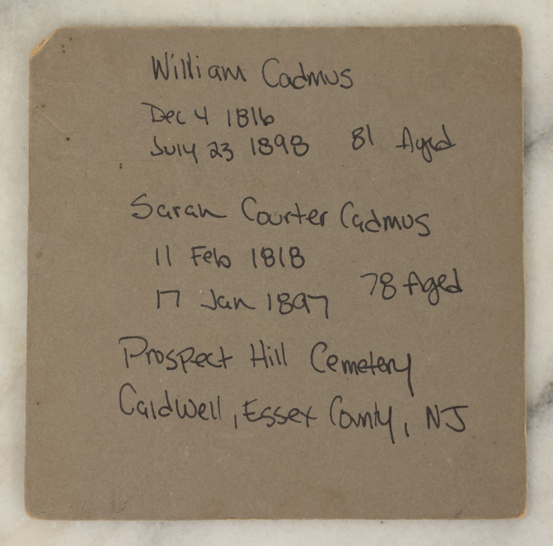 Lot 107 - Small Boarded Antique Photograph Of A Gravestone, Cadmus