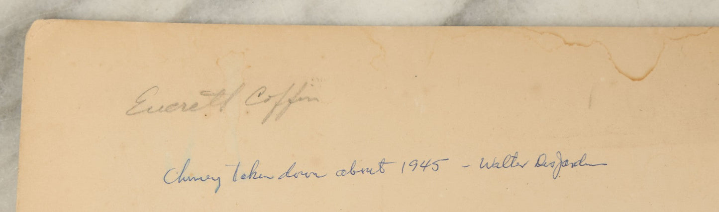 Lot 115 - Antique Boarded Photograph Of A Factory With Train Tracks, Chimney, Back Marked "Everett Coffin" In Pencil, Note States Chimney Removed 1945