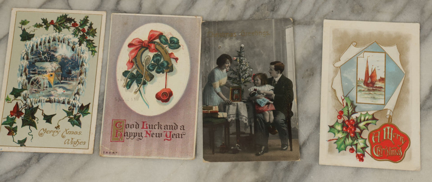 Lot 121 - Grouping Of 15+ Vintage And Antique Postcards, Mostly Holiday And Christmas, Including Santa Card, Card With Whirling Logs, Others