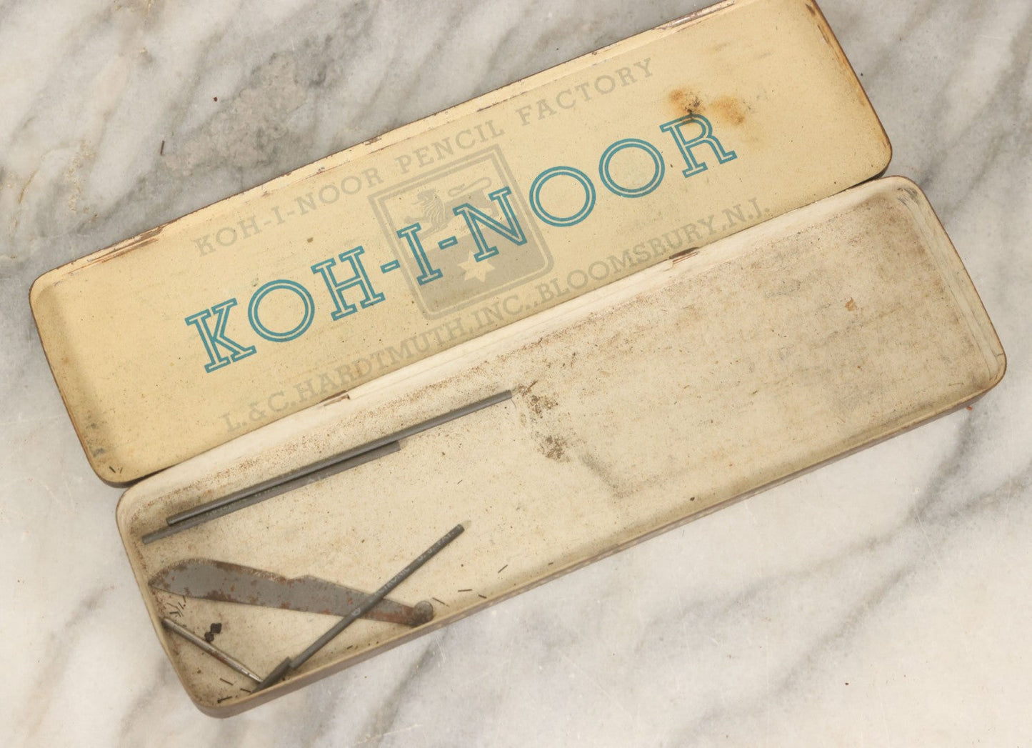 Lot 143 - Junk Drawer Lot, Grouping Of Vintage Pencil Items, Including Two Cases Of Turquoise Drawing Leads And Koh-I-Noor Pencil Tin, As Found