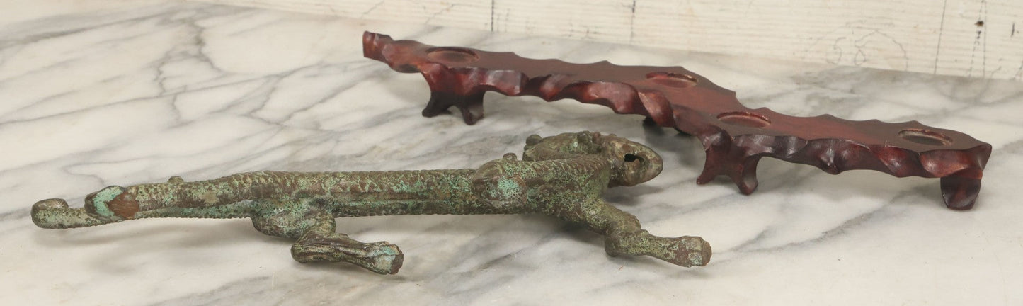 Lot 034 - Vintage Cast Iron Chinese Dragon Statue, Intricate Scaled Design, Mounted On Carved Wood Base