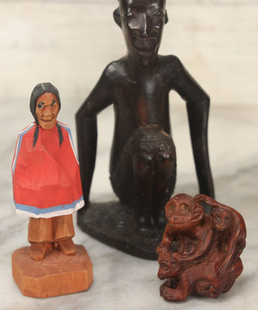 Lot 061 - Grouping Of Five Of Vintage Hand-Carved Wooden Figurines, Including Asian, African, And Folk Art Pieces, Monkeys, Buddha, Etc