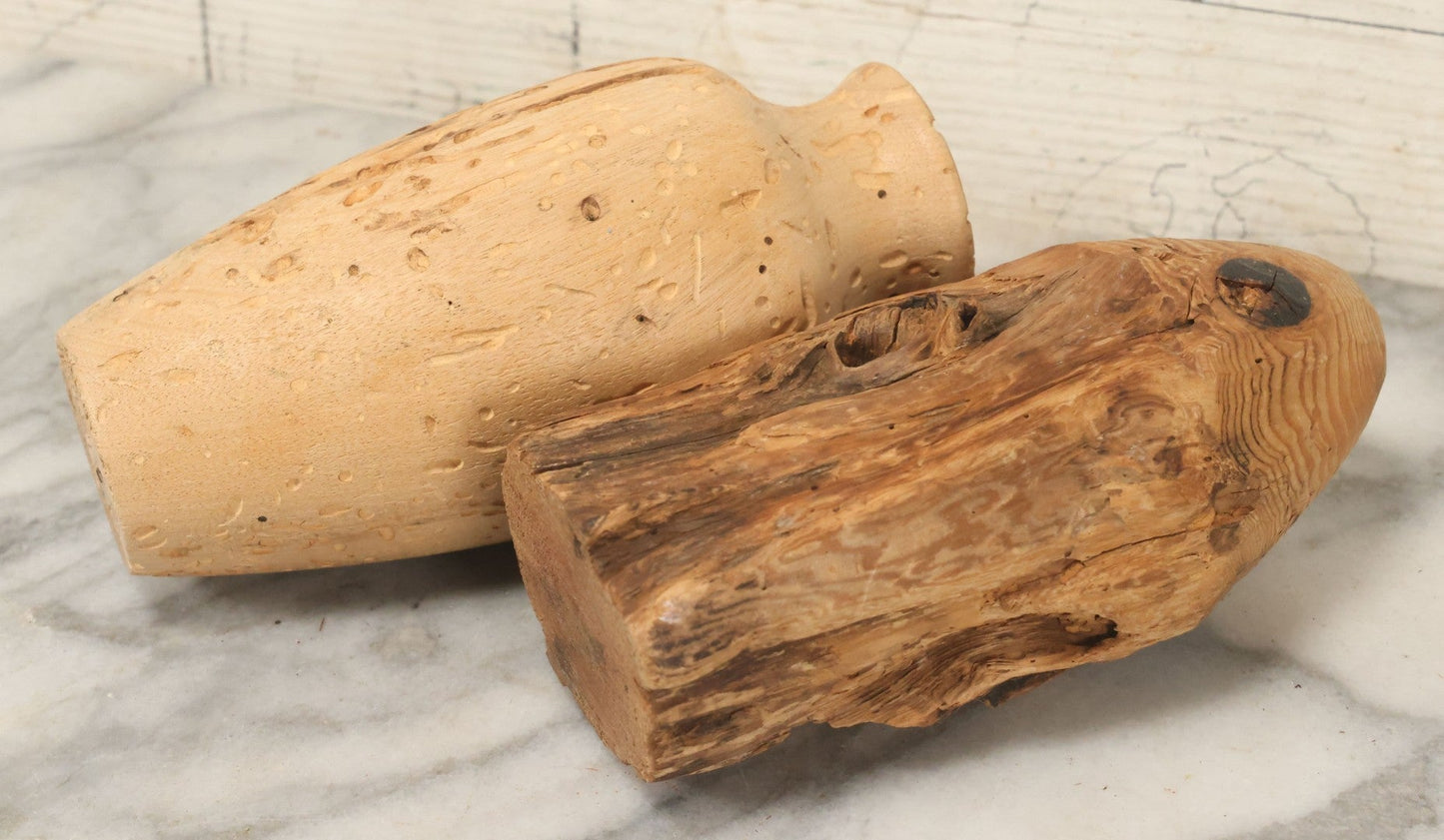 Lot 063 - Pair Of Antique Hand-Carved Wooden Pieces, Rustic Folk Art, One Featuring A Carved Native Face, Another A Vase