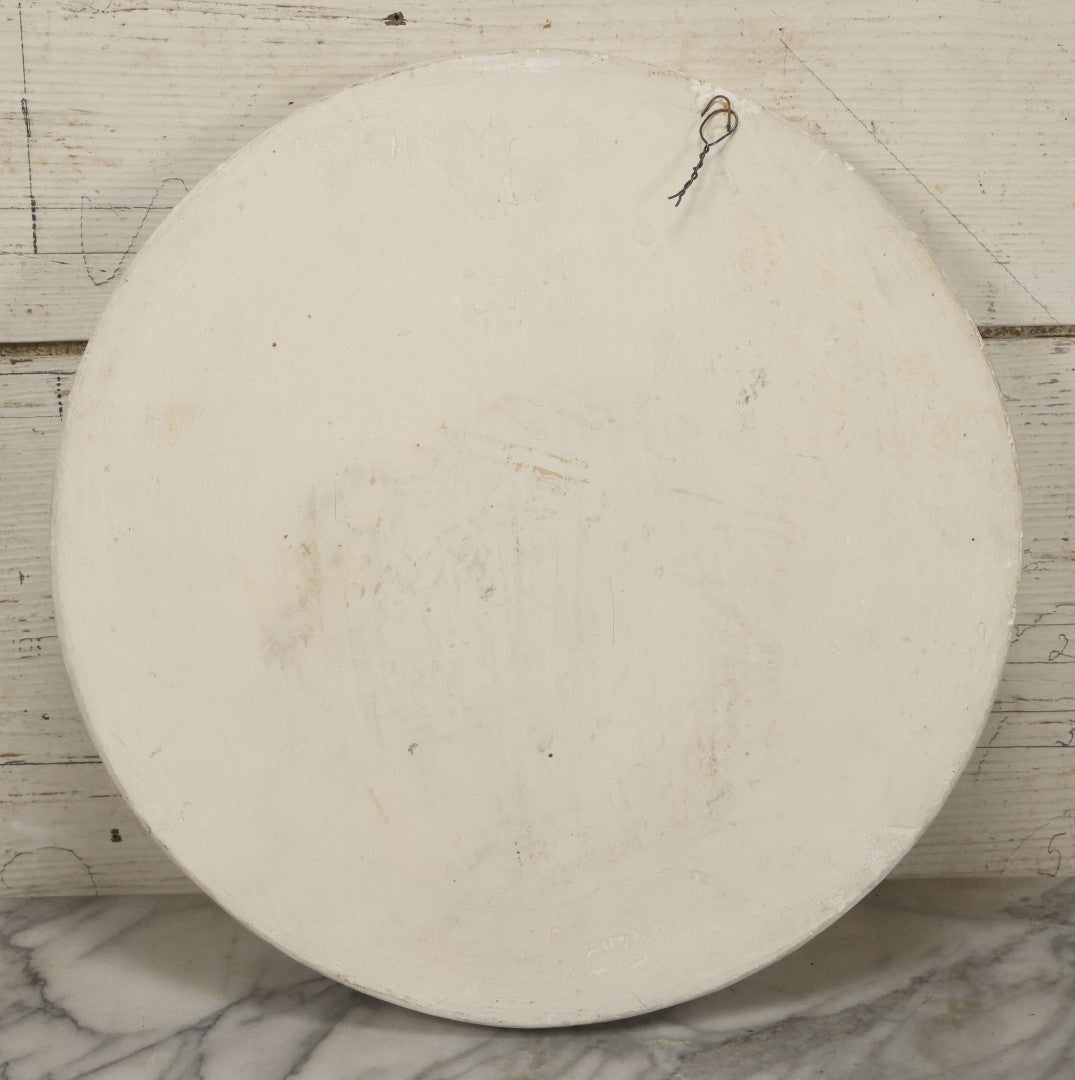 Lot 099 - Vintage White Plaster Relief Plaque, Winged Angel Holding Child, With Owl, 13-3/8" Diameter