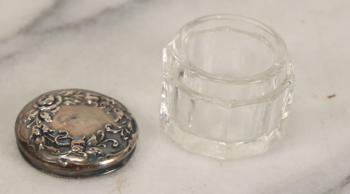 Lot 043 - Antique Glass Dresser Powder Or Cream Jar With Sterling Silver Art Nouveau Repoussé Lid, Marked Sterling