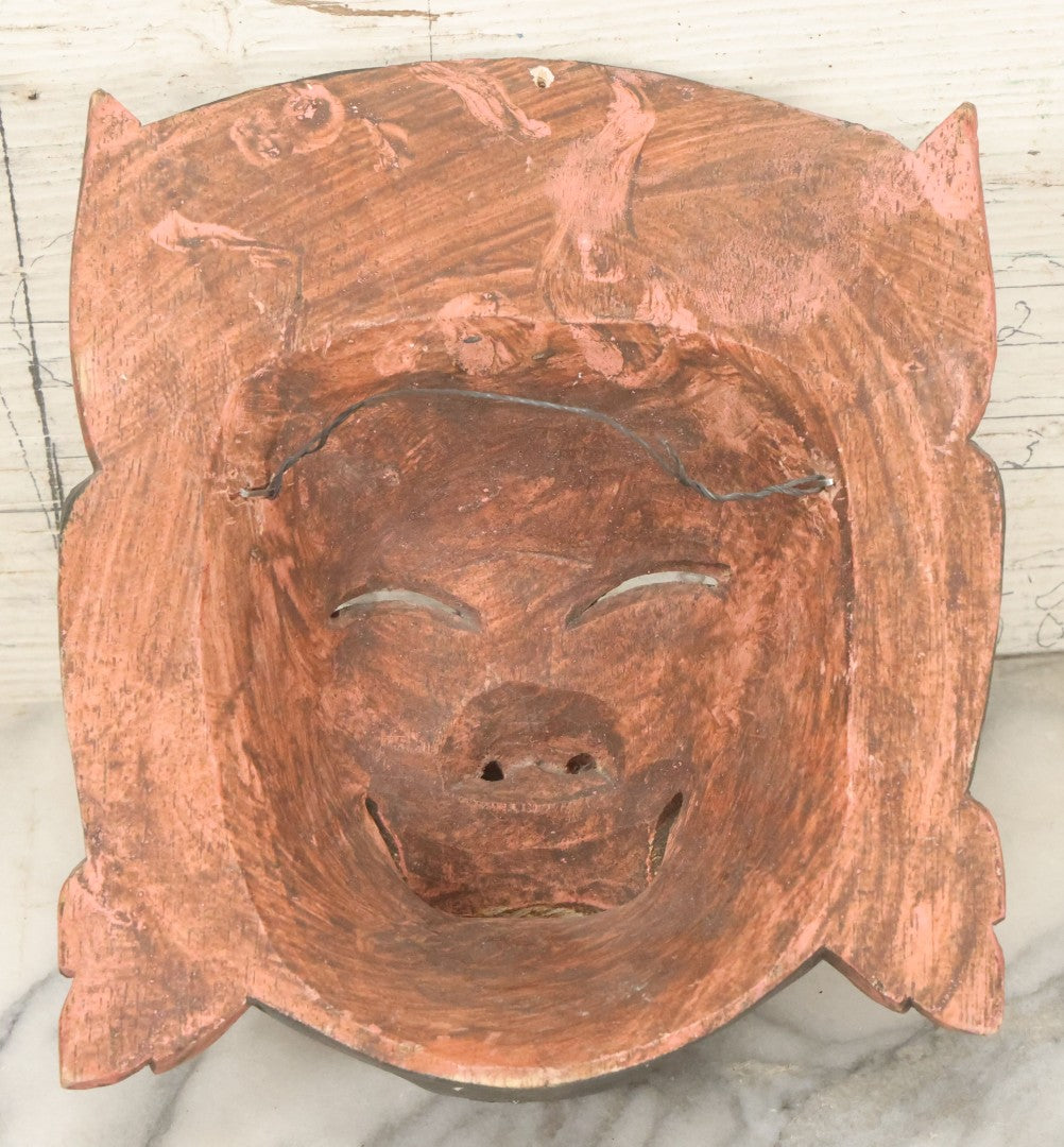 Lot 008 - Vintage Grinning Eastern Mask With Large White Teeth, Hand Carved Wood, Hand Painted, With Wire Hanger, Note Chips To Teeth