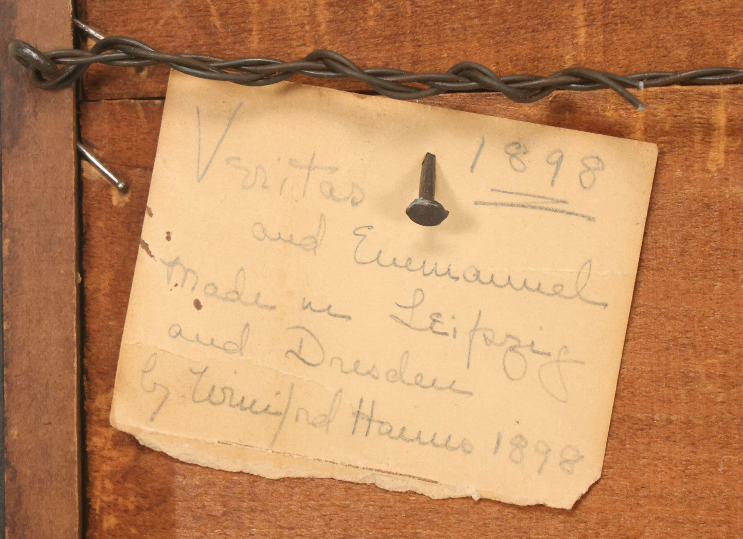 Lot 044 - Antique Embroidered Veritas And Emmanuel Coat Of Arms With Lion, Made In Leipzig Dresden Germany, 1898, Makers Name On Note On Verso, In Frame, 10-5/8" x 12-5/8"