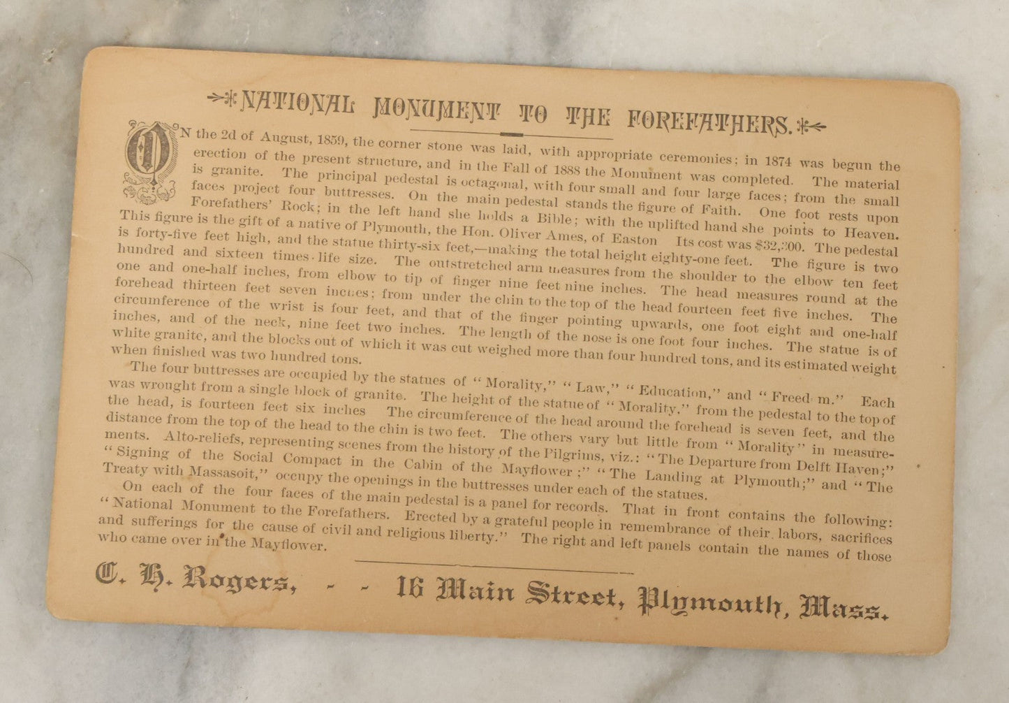 Lot 131 - Antique Cabinet Card Photograph Of The National Monument Of The Forefathers, C.H. Rogers Publisher, Plymouth, Massachusetts