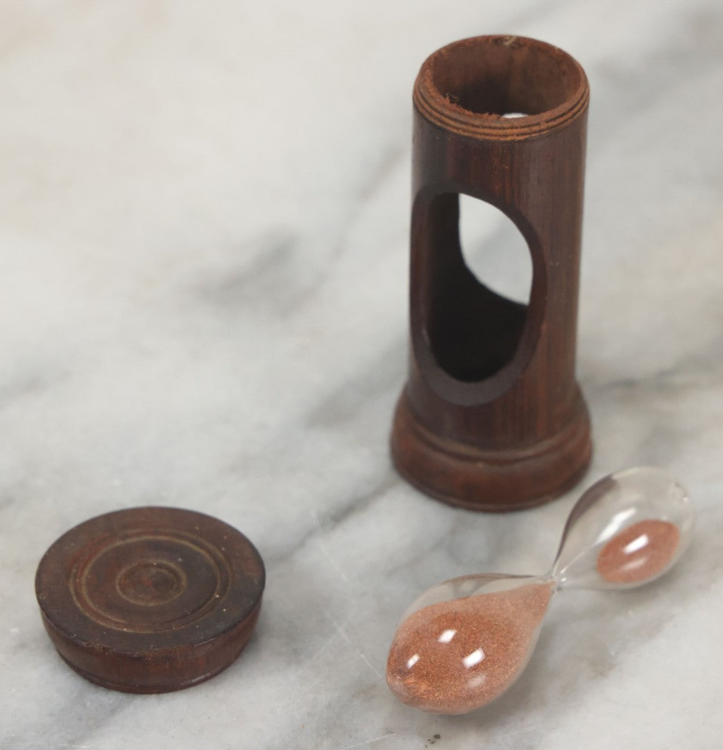 Lot 110 - Vintage Red Sand Hourglass In Turned Wooden Holder With Threaded Tops, Note Chips In Wood, Paint Marks, 2-5/8" Height