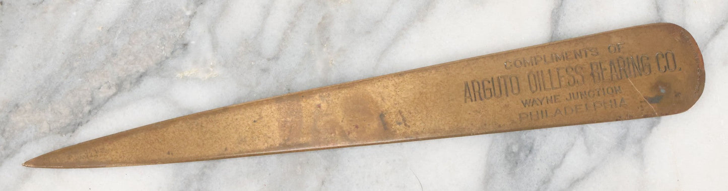 Lot 118 - Single Antique Letter Opener Advertising Arguto Oilless Bearing Co., Wayne Junction, Philadelphia, Manufactured By A.J. Keil Co., Philadelphia