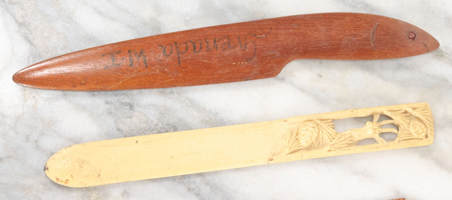 Lot 121 - Grouping Of Vintage Desk Tools Including Two Advertising Rulers, Carved Fish Letter Opener, And Celluloid Pronghorn Page Turner