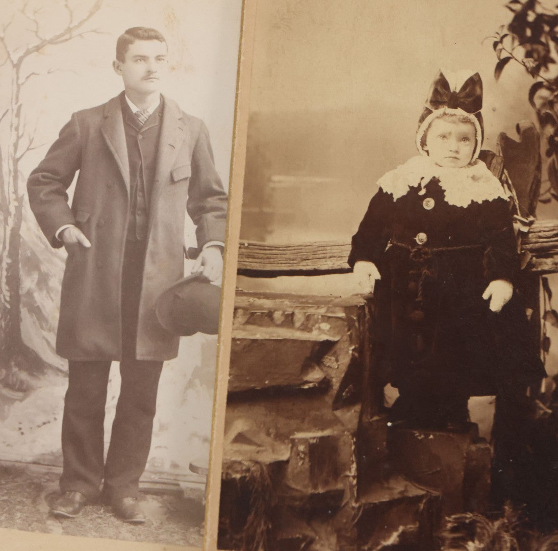 Lot 127 - Grouping Of 10 Antique And Vintage Cabinet Card And Other Photographs Including Little Girl With Hula Hoop, Men With Bowler Hats, Girl With Flower Basket, Girl In Foliage, And Little Boy Dressed As Cowboy