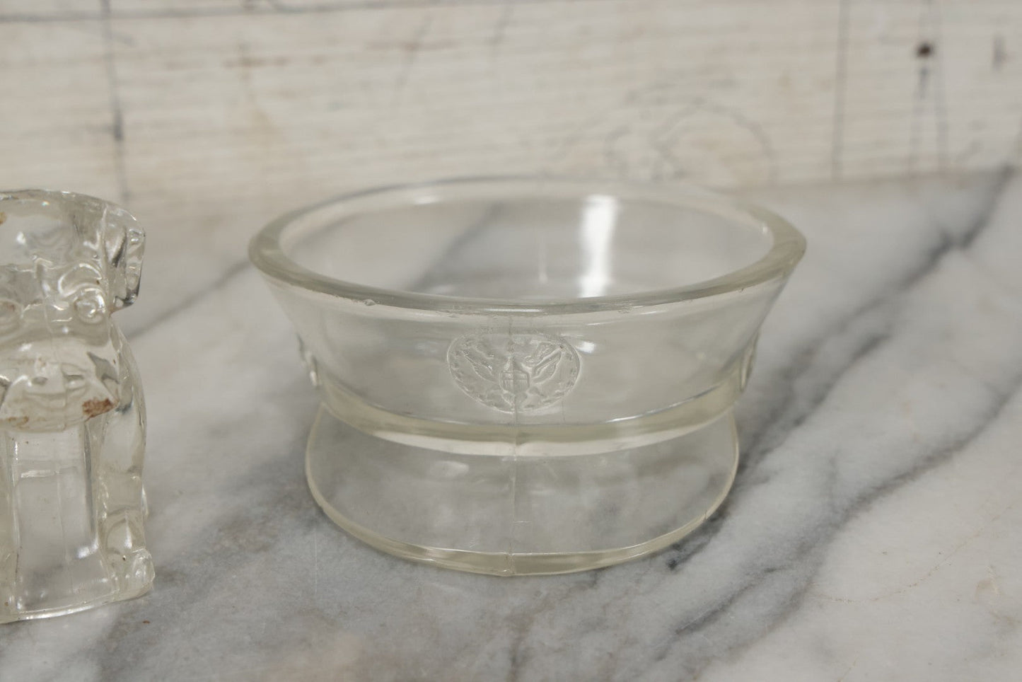 Lot 157 - Grouping Of Five Vintage Clear Glass Candy Containers Including Train, Firetruck, Two Dogs, And Military Cap Hat