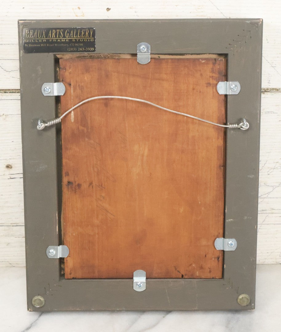 Lot 008 - Antique Painting On Wood Panel Of Victorian Woman In Blue Dress Holding Swaddled Baby By Park Bench, Unsigned, In Modern Frame, 9-1/2" x 11-7/8"