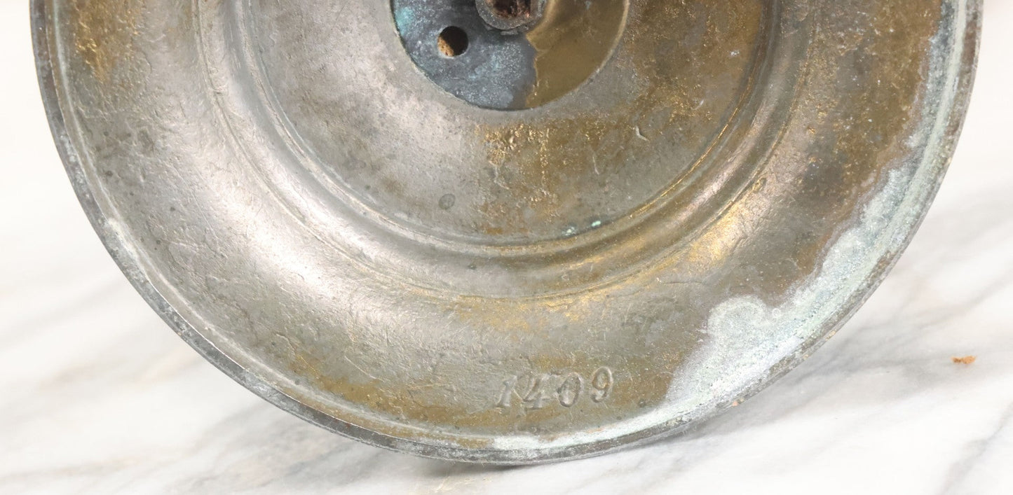 Lot 010 - Antique Ornate Cast Pot Metal Urn With Cherub And Goat Head Motifs, With Makers Mark On Bottom, Marked No. 1409, 9-1/2" High