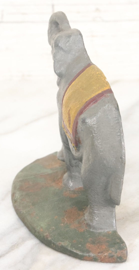 Lot 017 - Vintage Cast Iron Elephant Door Stop, Repainted, With Yellow And Red Blanket